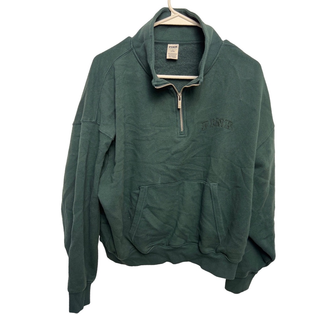 PINK Victoria's Secret Quarter Zip Pullover Sweatshirt Green Embroiderd M Sporty - Picture 2 of 10